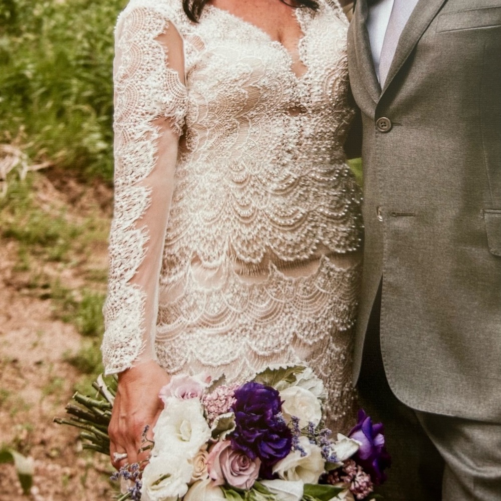 Cream Bishop Sleeve V-Neck Wedding Gown